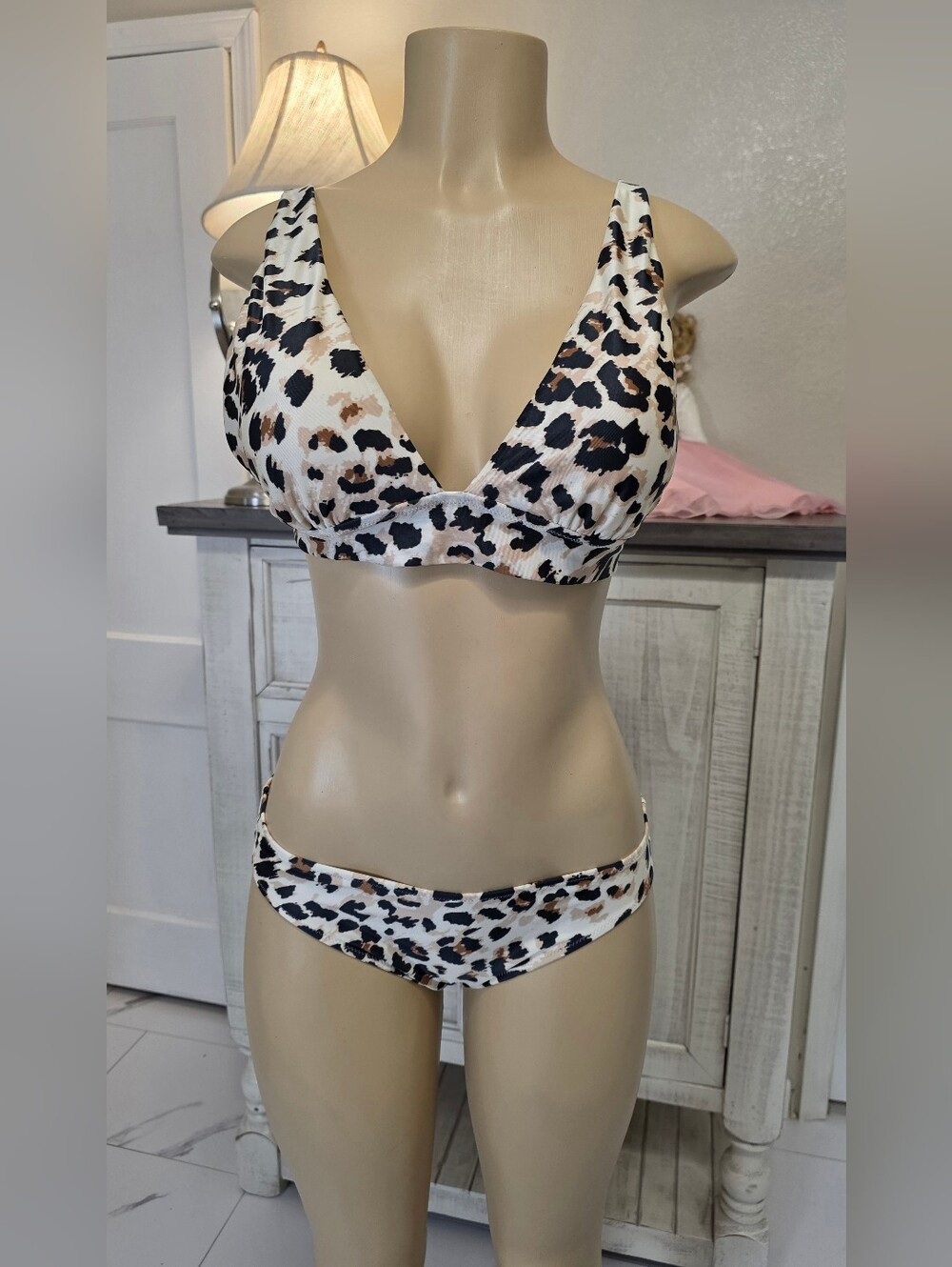 Aerie Leopard Print V-Neck Bikini Top and Bottom - Beige/Black - Picture 2 of 6